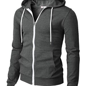 H2H Mens Slim Fit Zip Up Lightweight Long Sleeve Hoodies CHARCOAL US S/Asia M (CMOHOL048)