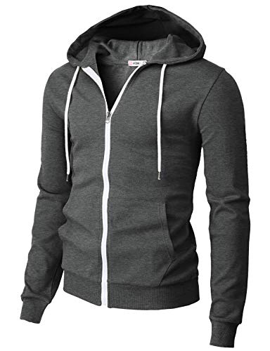 H2H Mens Slim Fit Zip Up Lightweight Long Sleeve Hoodies CHARCOAL US S/Asia M (CMOHOL048)