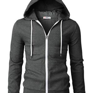 H2H Mens Slim Fit Zip Up Lightweight Long Sleeve Hoodies CHARCOAL US S/Asia M (CMOHOL048)