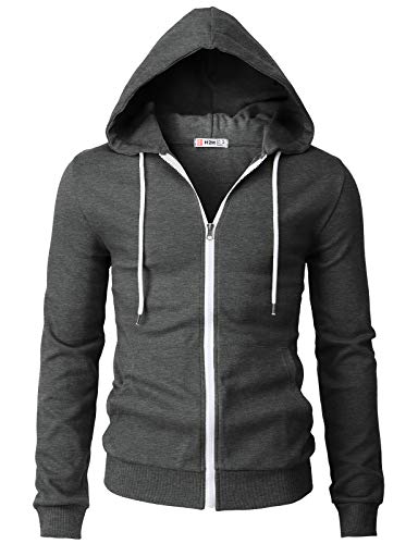 H2H Mens Slim Fit Zip Up Lightweight Long Sleeve Hoodies CHARCOAL US S/Asia M (CMOHOL048)