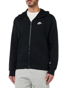 nike men's sportswear club fleece full zip hoodie, fleece zip-up hoodie men, black/black/white, l