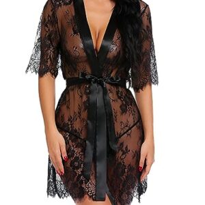 Avidlove lace robes for women Kimono Robe Floral Lace Babydoll Lingerie Sheer Mesh Nightgown Black S
