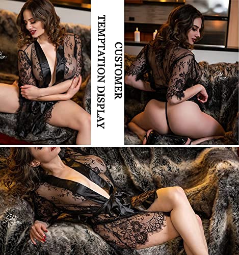 Avidlove lace robes for women Kimono Robe Floral Lace Babydoll Lingerie Sheer Mesh Nightgown Black S