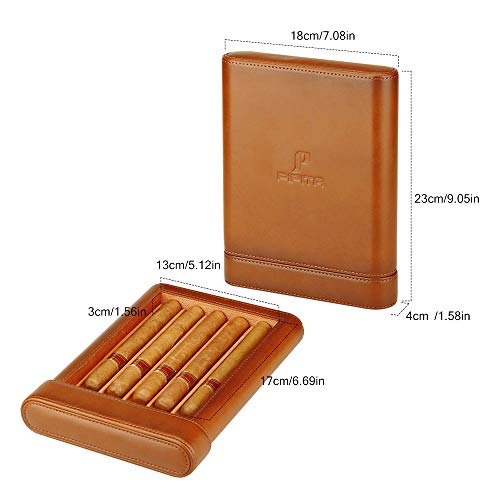 Portable Travel Leather Cigar Humidor Cases Cedar Wood Lined Humidifier for 5 Cigars Storage Box with Humidifier Hold Cigars (PIPT-03)