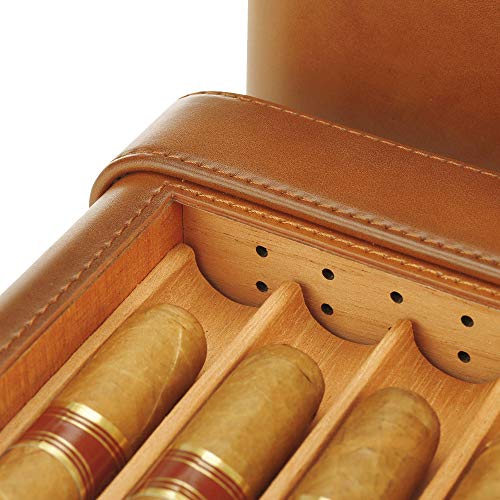 Portable Travel Leather Cigar Humidor Cases Cedar Wood Lined Humidifier for 5 Cigars Storage Box with Humidifier Hold Cigars (PIPT-03)