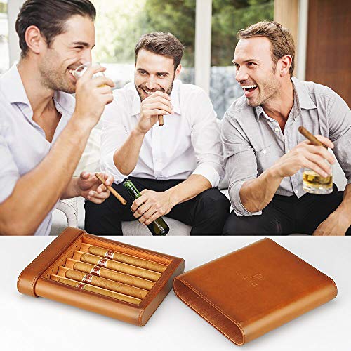 Portable Travel Leather Cigar Humidor Cases Cedar Wood Lined Humidifier for 5 Cigars Storage Box with Humidifier Hold Cigars (PIPT-03)