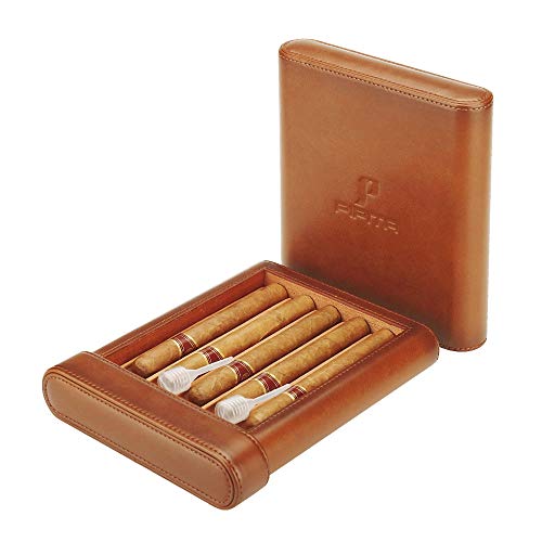 Portable Travel Leather Cigar Humidor Cases Cedar Wood Lined Humidifier for 5 Cigars Storage Box with Humidifier Hold Cigars (PIPT-03)