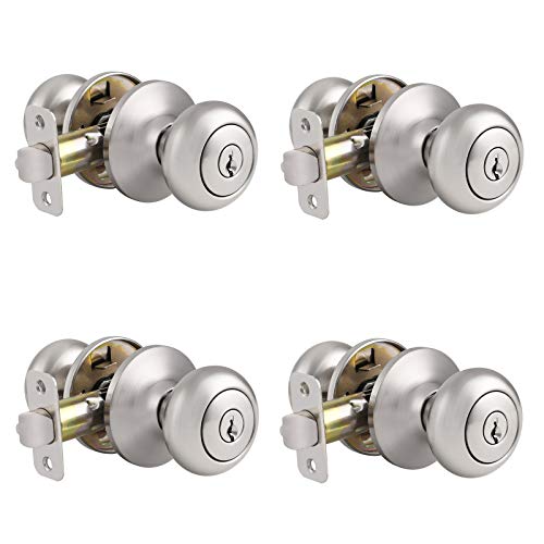 Knobonly Key Entry Door Locks with Same Keys, Front Door Knob, Exterior Door Handle for Storeroom/Bedroom/Bathroom Door, Satin Nickel Finish 4 Pack