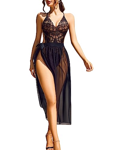 Avidlove Women Lingerie Sexy Nightgown 2 pieces Set Lace Teddy Sheer Wrap Skirt Black Medium