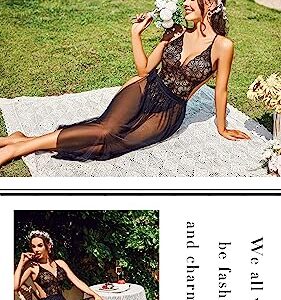 Avidlove Women Lingerie Sexy Nightgown 2 pieces Set Lace Teddy Sheer Wrap Skirt Black Medium