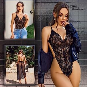 Avidlove Women Lingerie Sexy Nightgown 2 pieces Set Lace Teddy Sheer Wrap Skirt Black Medium