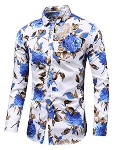 men's slim fit printed long-sleeve button-down dress floral shirt (large chest: 45.7 inch, white blue)
