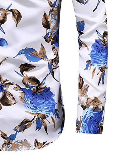 Men's Slim fit Printed Long-Sleeve Button-Down Dress Floral Shirt (Large Chest: 45.7 inch, White Blue)