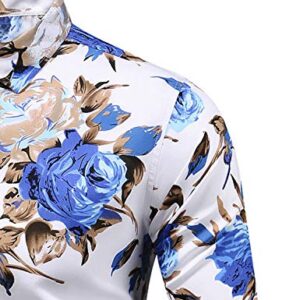 Men's Slim fit Printed Long-Sleeve Button-Down Dress Floral Shirt (Large Chest: 45.7 inch, White Blue)