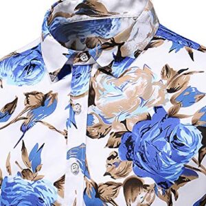 Men's Slim fit Printed Long-Sleeve Button-Down Dress Floral Shirt (Large Chest: 45.7 inch, White Blue)