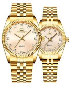 mastop couple watches classic golden stainless steel watch his and hers waterproof quartz watch (full gold)