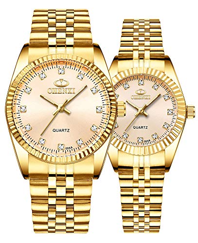 MASTOP Couple Watches Classic Golden Stainless Steel Watch His and Hers Waterproof Quartz Watch (Full Gold)