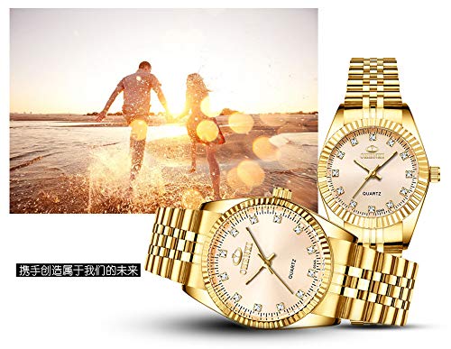 MASTOP Couple Watches Classic Golden Stainless Steel Watch His and Hers Waterproof Quartz Watch (Full Gold)