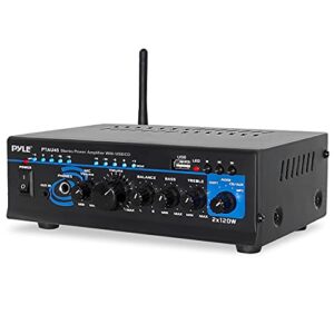 pyle home bluetooth audio power amplifier 2x120 watt - portable 2 channel surround sound stereo receiver w/ usb - amplified subwoofer speaker, cd dvd, mp3, iphone, phone, theater, pa system -ptau45.5
