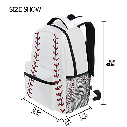 Kcldeci Red Stitching Baseball Kids Backpack, White Ball Kids Backpacks Bookbags Elementary Toddler School Bags Travel Bags for Boys Girls