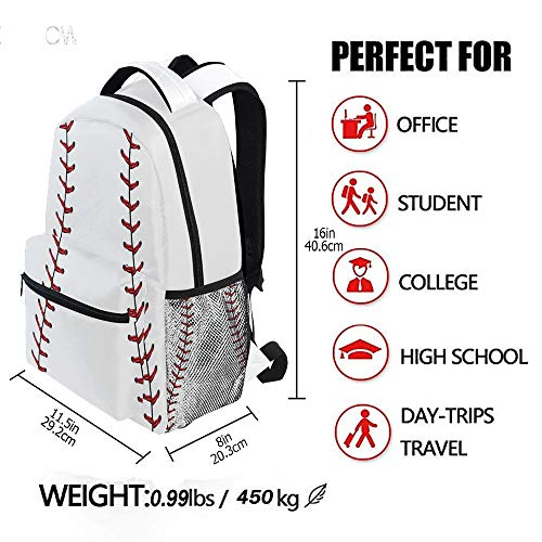 Kcldeci Red Stitching Baseball Kids Backpack, White Ball Kids Backpacks Bookbags Elementary Toddler School Bags Travel Bags for Boys Girls