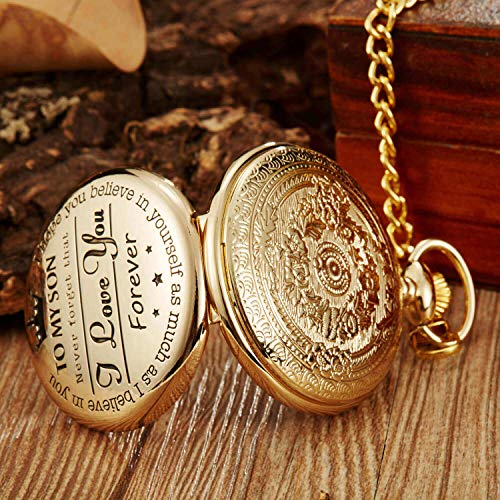 Golden Pocket Watch to Son I Love You Forever Gifts from a Mom Dad Engraved Fob Watches Chains for Kids
