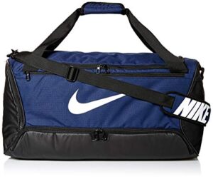 nike brasilia training medium duffle bag, durable bag for women & men with adjustable strap, midnight navy/black/white