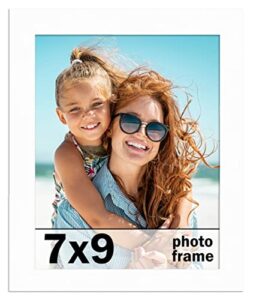 7x9 frame white solid wood picture frame includes uv acrylic shatter guard front, acid free foam backing board, hanging hardware wood square frame wall frames for family photos - no mat