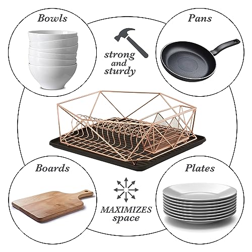 Kitchen Details Copper Geode Deluxe Dish Drying Rack with Drain Board | Cutlery Basket | Utensil Holder | Iron Frame