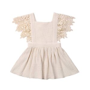 toddler baby girl infant comfy cotton linen lace princess overall dress sundress (beige, 9-18 months)