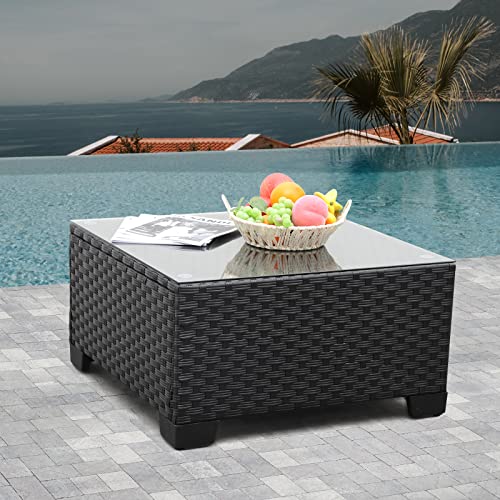 Rattaner Patio Furniture Wicker Coffee Table Outdoor Garden Square Side Table with Tempered Glass Top Black