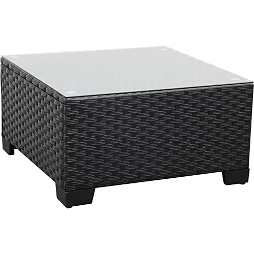 Rattaner Patio Furniture Wicker Coffee Table Outdoor Garden Square Side Table with Tempered Glass Top Black