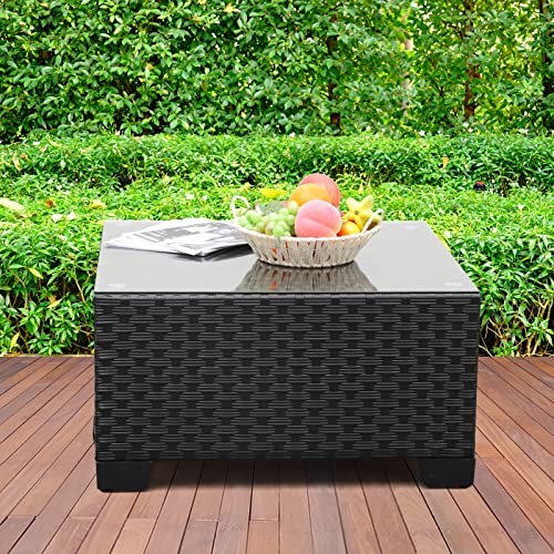 Rattaner Patio Furniture Wicker Coffee Table Outdoor Garden Square Side Table with Tempered Glass Top Black