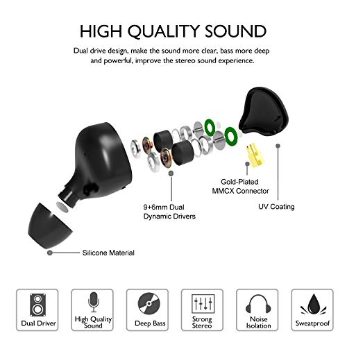 DCMEKA in Ear Monitor Headphones, HiFi Stereo IEM Earphones, Dynamic Dual Driver Wired Earbuds with Detachable Cable, Noise Canceling Headset for Singers Musicians Drummers Audiophile (Black)