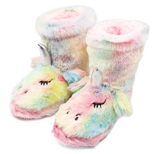 boy girls unicorn rainbow slippers winter warm plush fleece colorful slip-on booties indoor & outdoor (toddler/little kid/big kid)