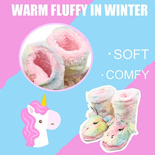 Boy Girls Unicorn Rainbow Slippers Winter Warm Plush Fleece Colorful Slip-on Booties Indoor & Outdoor (Toddler/Little Kid/Big Kid)