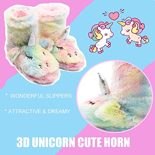 Boy Girls Unicorn Rainbow Slippers Winter Warm Plush Fleece Colorful Slip-on Booties Indoor & Outdoor (Toddler/Little Kid/Big Kid)