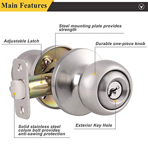 Probrico (2 Pack Keyed Alike Locks for Exterior and Interior Doors, Brushed Nickel Stainless Steel Entrance Door Knobs Round Ball Keyed Entry Door Knobs with Same Keys for Bedroom Bathroom