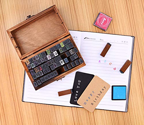 Dedoot Vintage Alphabet Stamps Set with Ink Pad 20 Colors, 70pcs Vintage Wooden Rubber Letter Number and Symbol Stamp and 20 Colors Stamp Ink Pad for Card Making DIY Crafting Scrapbooking