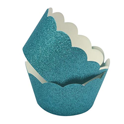 Mybbshower Teal Glitter Scalloped Paper Cupcake Liners for Wedding Birthday Bachelorette Table Decoration Pack of 24