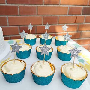 Mybbshower Teal Glitter Scalloped Paper Cupcake Liners for Wedding Birthday Bachelorette Table Decoration Pack of 24