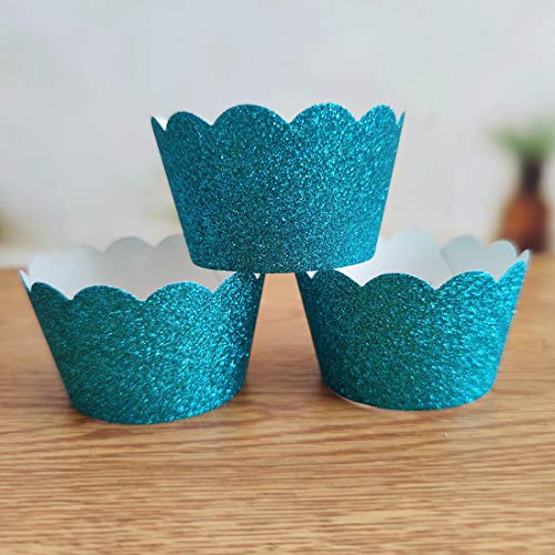 Mybbshower Teal Glitter Scalloped Paper Cupcake Liners for Wedding Birthday Bachelorette Table Decoration Pack of 24