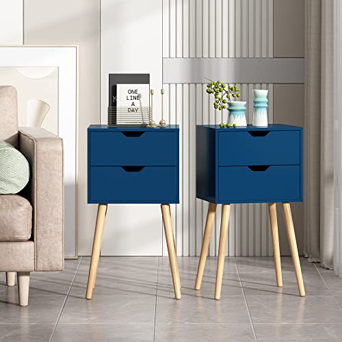 JAXPETY Nightstands Set of 2, Night Stand with Drawers, Bedside Tables with Solid Wood Legs and Large Storage Space, End Table, Side Table, for Bedroom, Blue