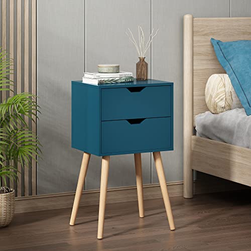 JAXPETY Nightstands Set of 2, Night Stand with Drawers, Bedside Tables with Solid Wood Legs and Large Storage Space, End Table, Side Table, for Bedroom, Blue