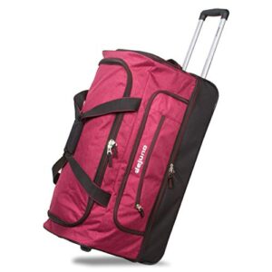dejuno 28-inch lightweight denim drop bottom rolling duffel bag, burgundy