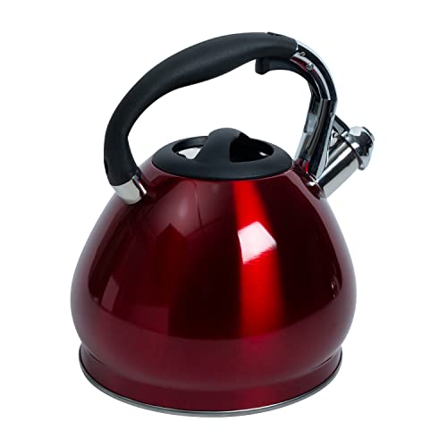 Kitchen Details Stainless Steel Whistling Tea Kettle | Stovetop | 14 Cup | 3.6 Quart | Red