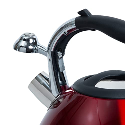 Kitchen Details Stainless Steel Whistling Tea Kettle | Stovetop | 14 Cup | 3.6 Quart | Red