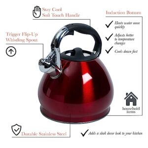 Kitchen Details Stainless Steel Whistling Tea Kettle | Stovetop | 14 Cup | 3.6 Quart | Red