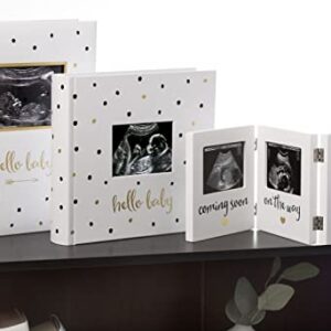 Pearhead Hello Baby Photo Album, Baby Book Keepsake for New and Expecting Parents, Gender-Neutral Baby Accessory, Holds 200 Photos, Black and Gold Polka Dot