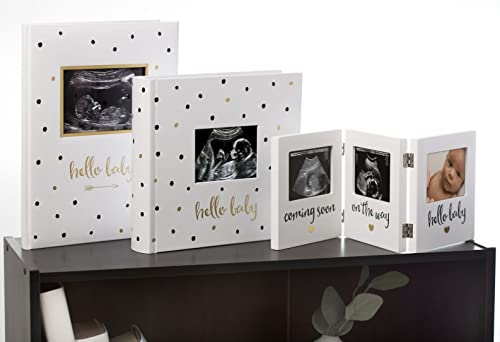 Pearhead Hello Baby Photo Album, Baby Book Keepsake for New and Expecting Parents, Gender-Neutral Baby Accessory, Holds 200 Photos, Black and Gold Polka Dot
